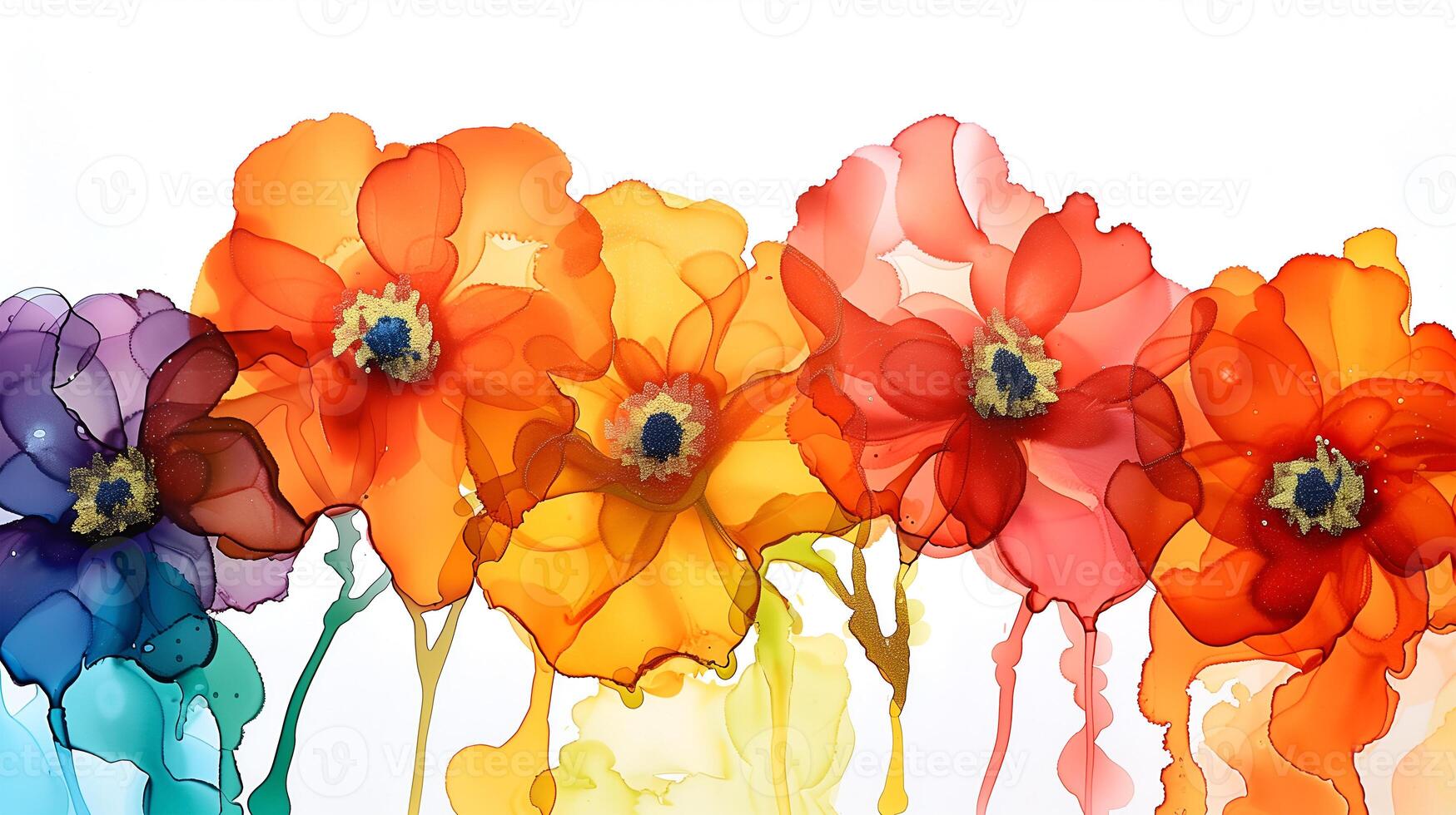 Vibrant abstract floral design with marble ink background showcasing colorful blossoms photo