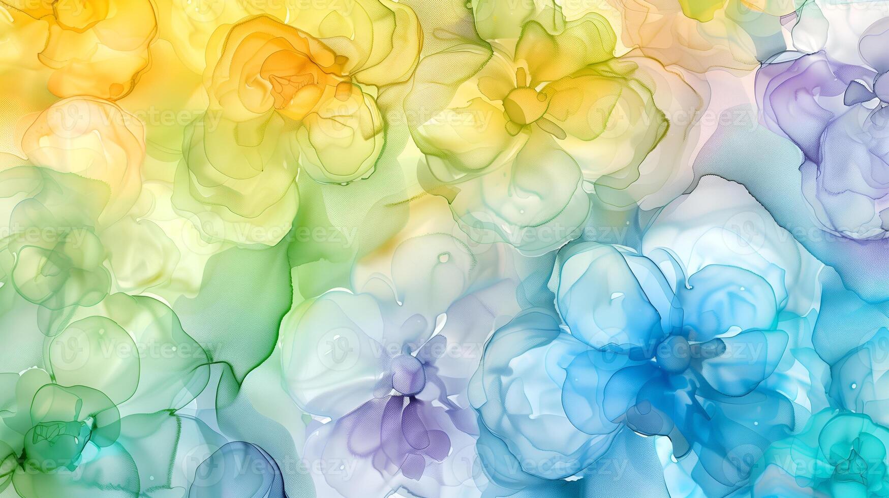 Vibrant marble ink background featuring soft floral patterns in shades of blue, green, and yellow photo