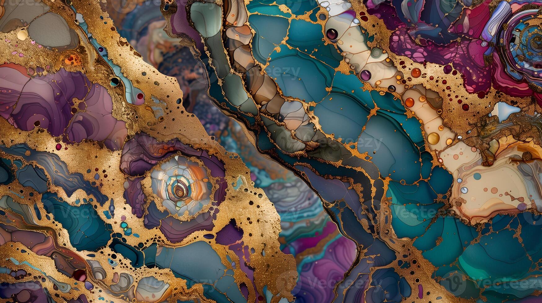 Abstract marble ink background with vibrant hues and golden accents creates a stunning visual effect photo