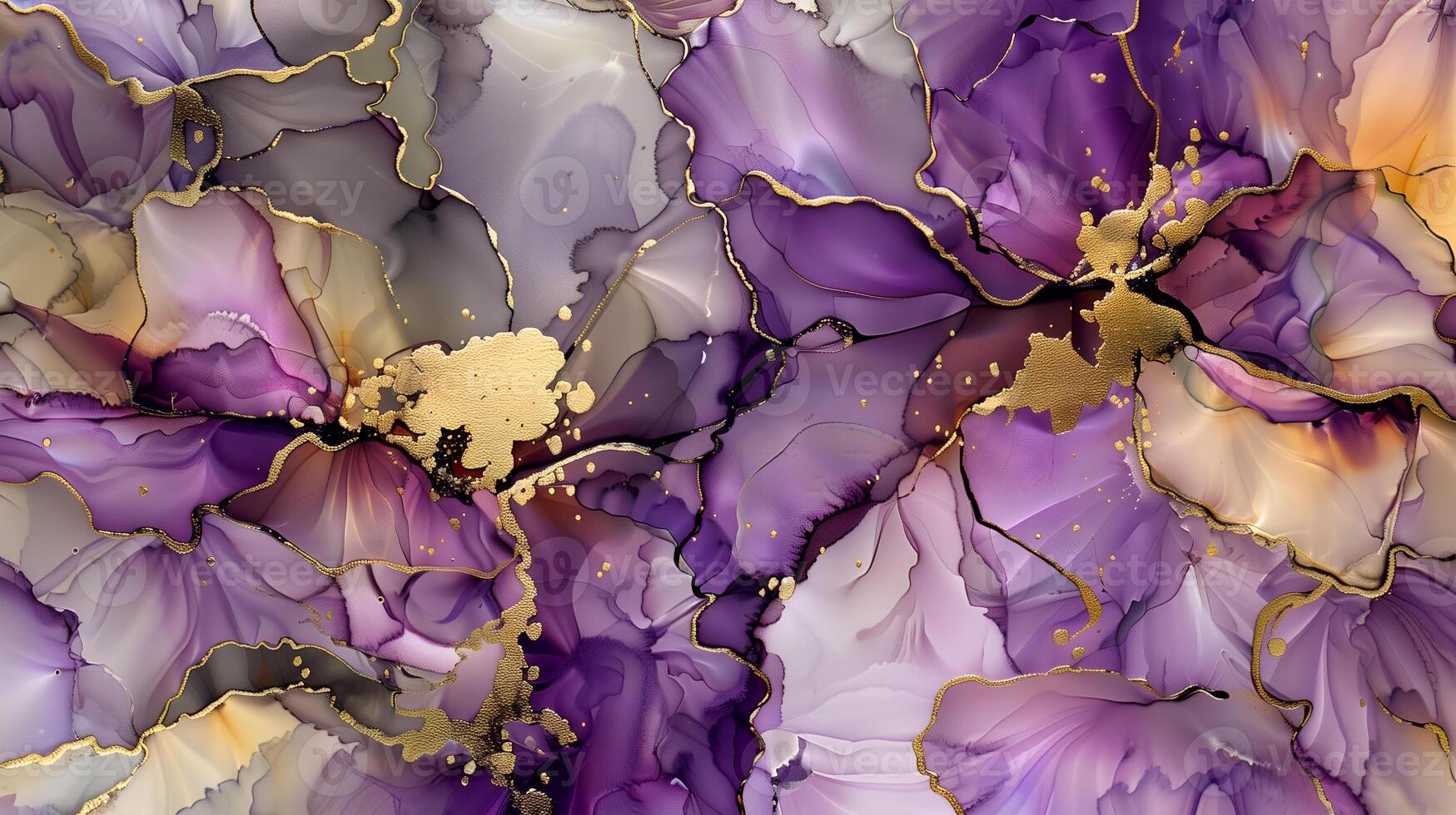 Elegant purple and gold marble ink background with intricate fluid patterns and textures photo