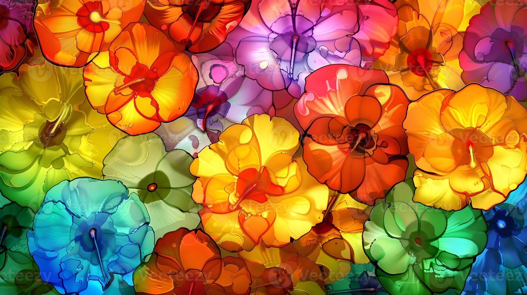 Colorful floral patterns on a vibrant marble ink background showcasing artistic design photo