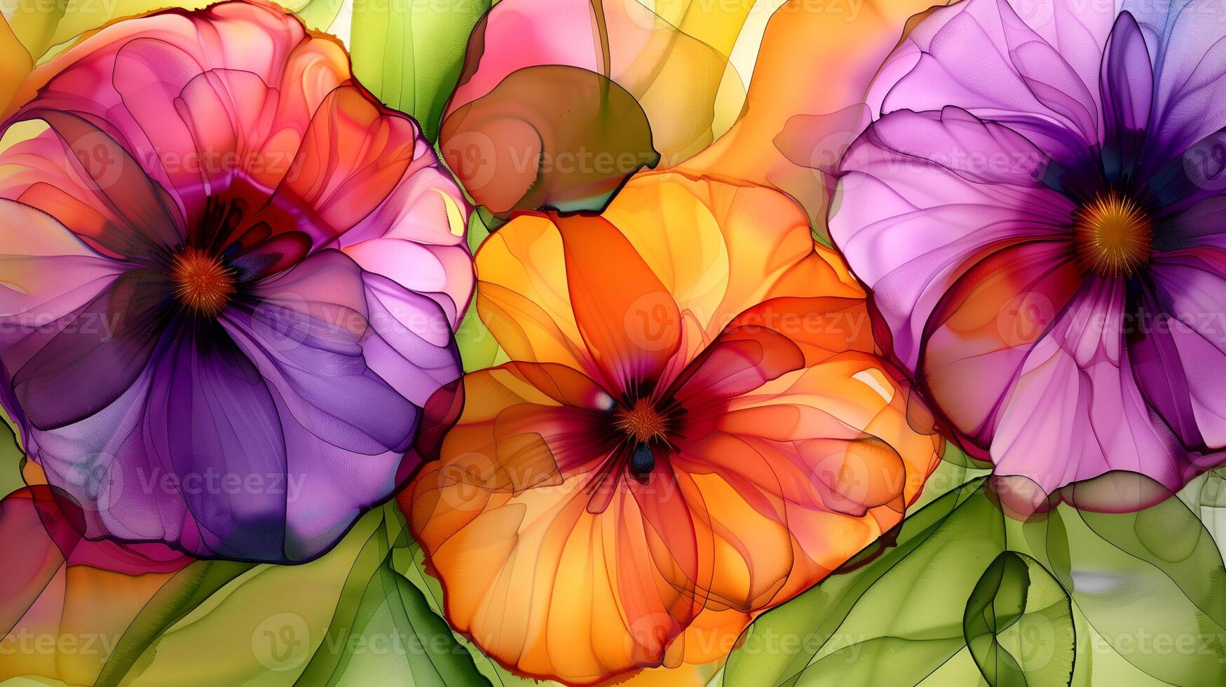 Bright floral composition on a vibrant marble ink background showcasing colorful flowing petals photo