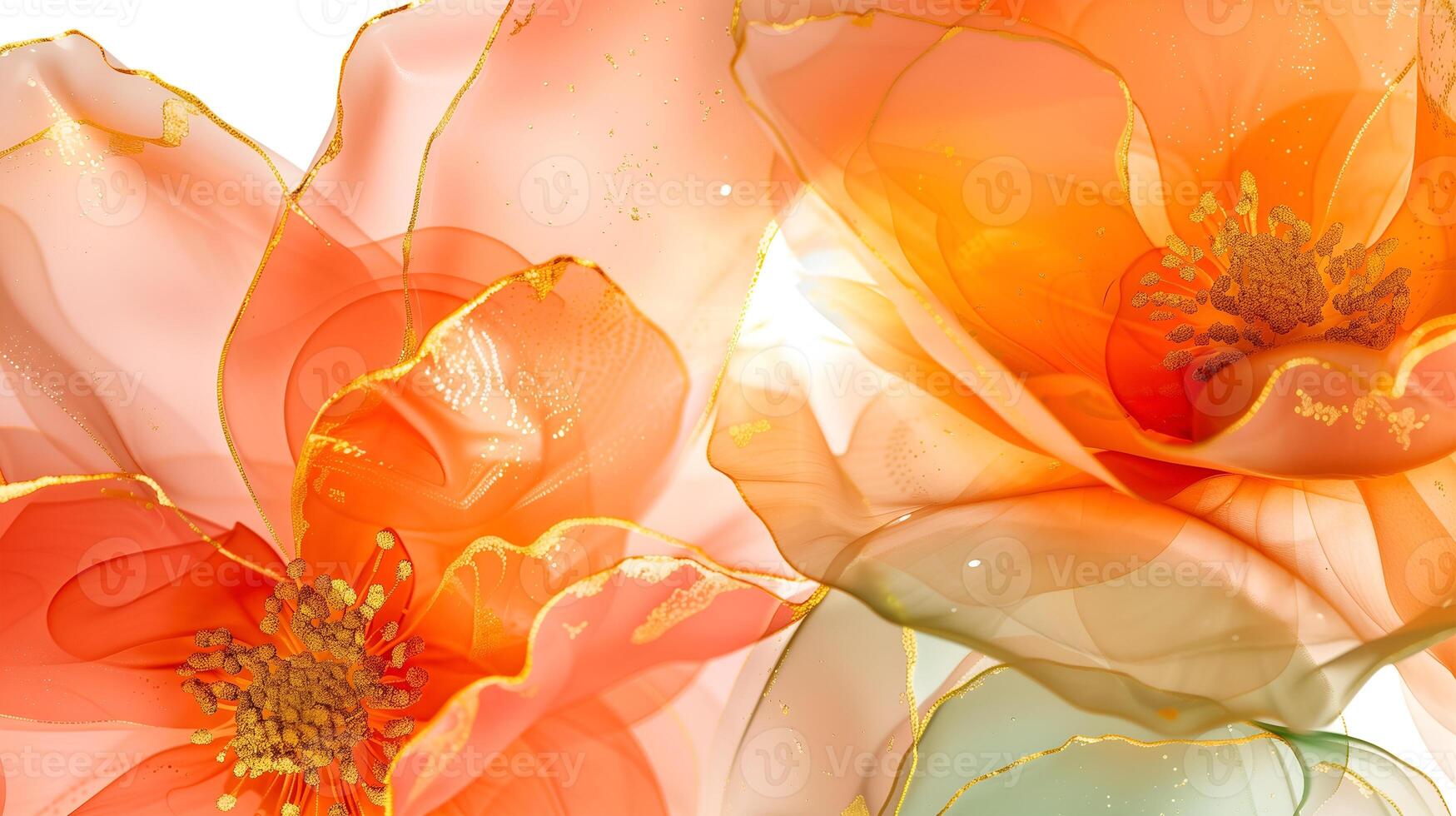 Delicate orange and gold blossoms on a soft marble ink background with flowing textures photo