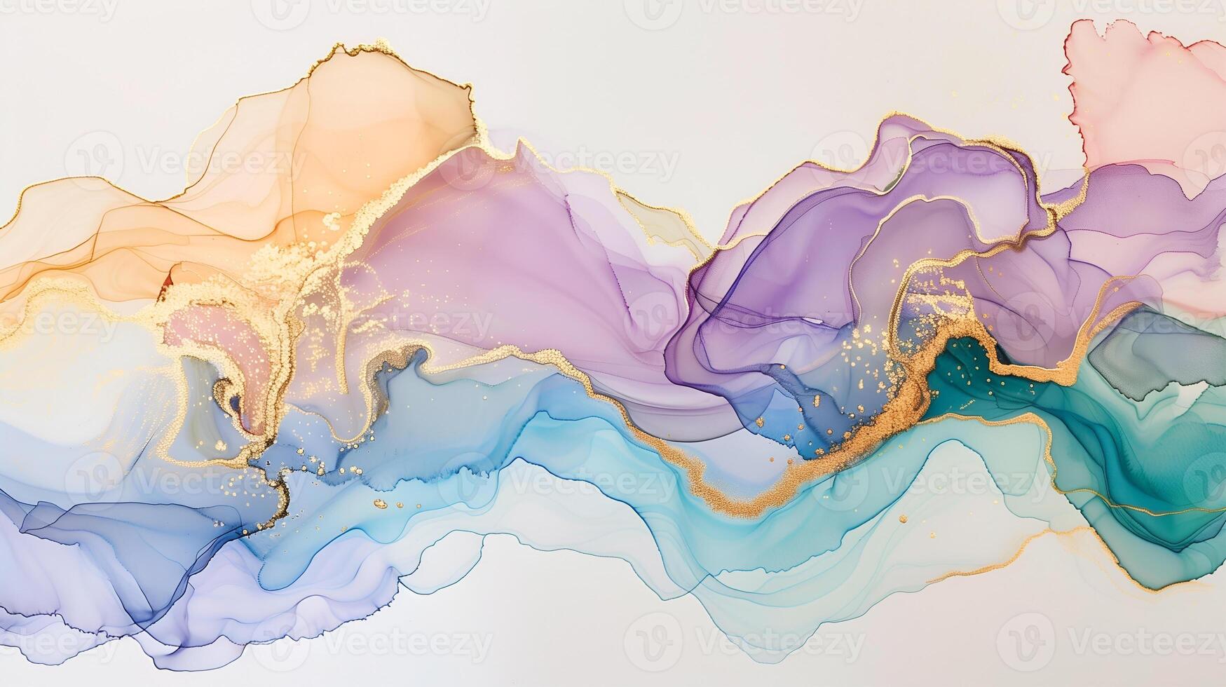 Colorful marble ink design flowing gracefully across a white background with gold accents photo