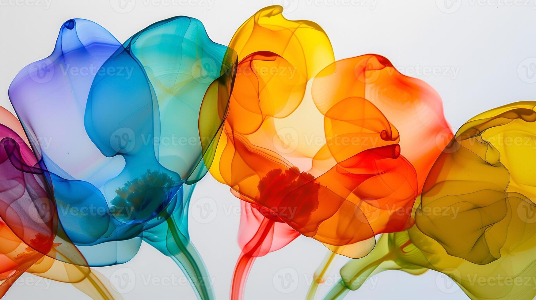 Colorful abstract blooms create a vibrant display against a soft marble ink background photo