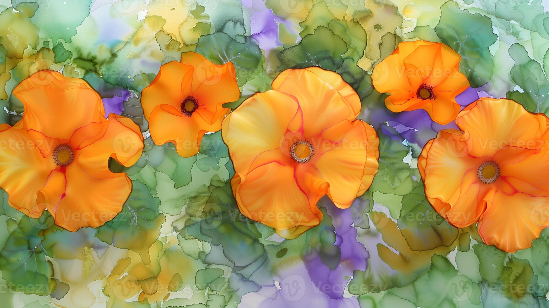 Vibrant orange flowers on a marble ink background with lush greenery and soft patterns photo