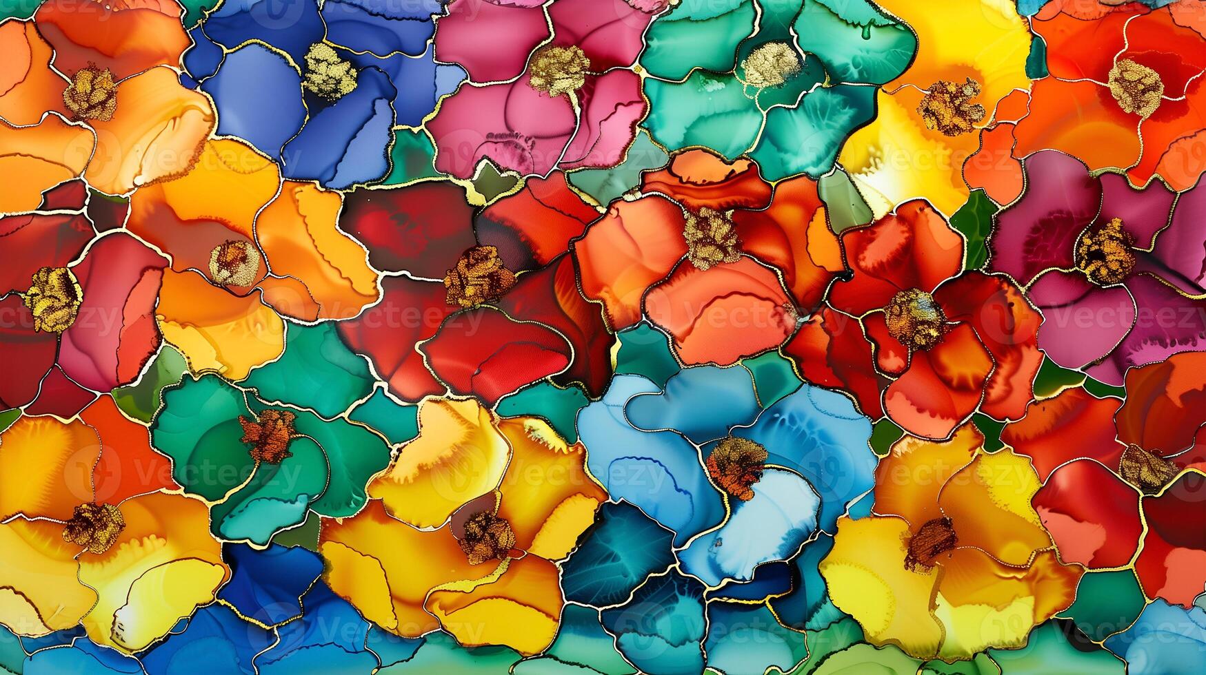 Colorful abstract floral pattern with vibrant hues and marble ink background photo