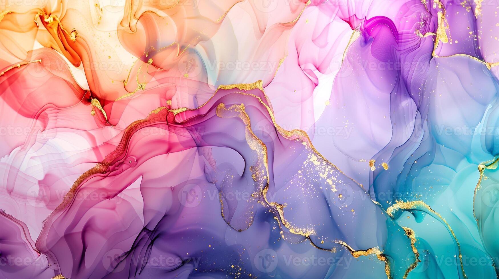 Swirling marble ink background in vibrant colors with gold accents for decorative use photo