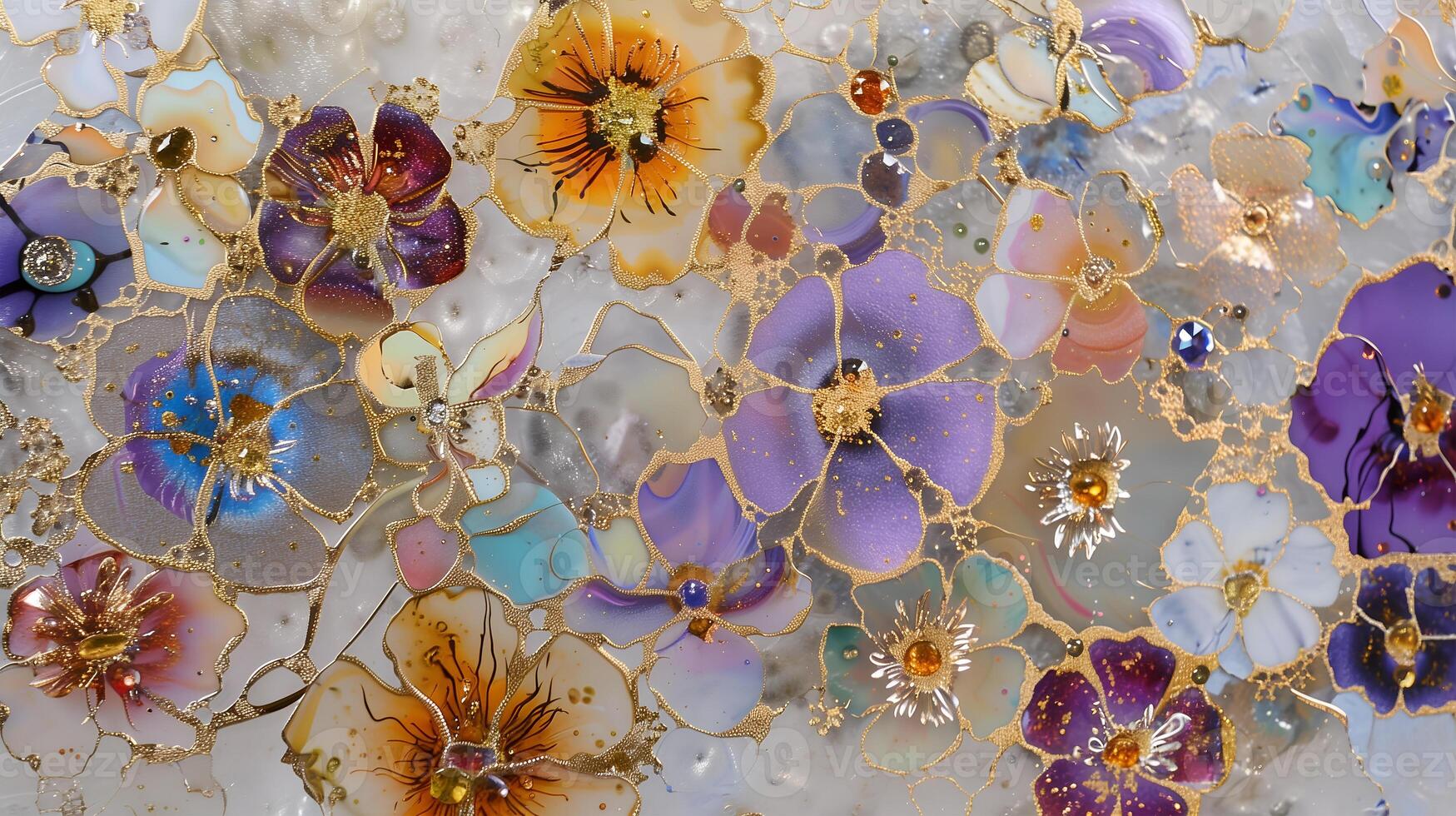 Delicate floral patterns intertwined with gold against a marble ink background photo