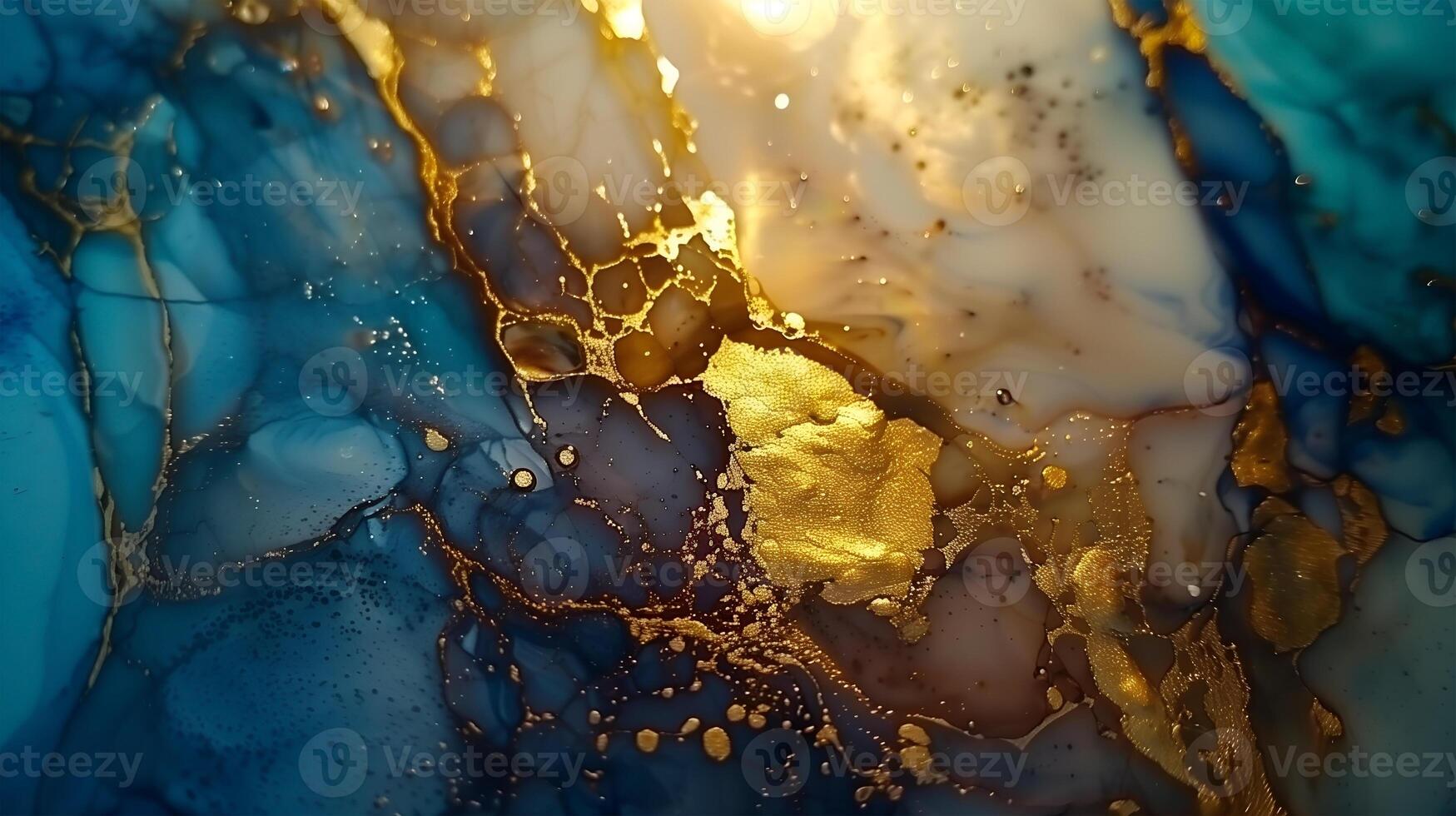 Abstract marble ink background with blue and gold shades creating a luxurious effect photo