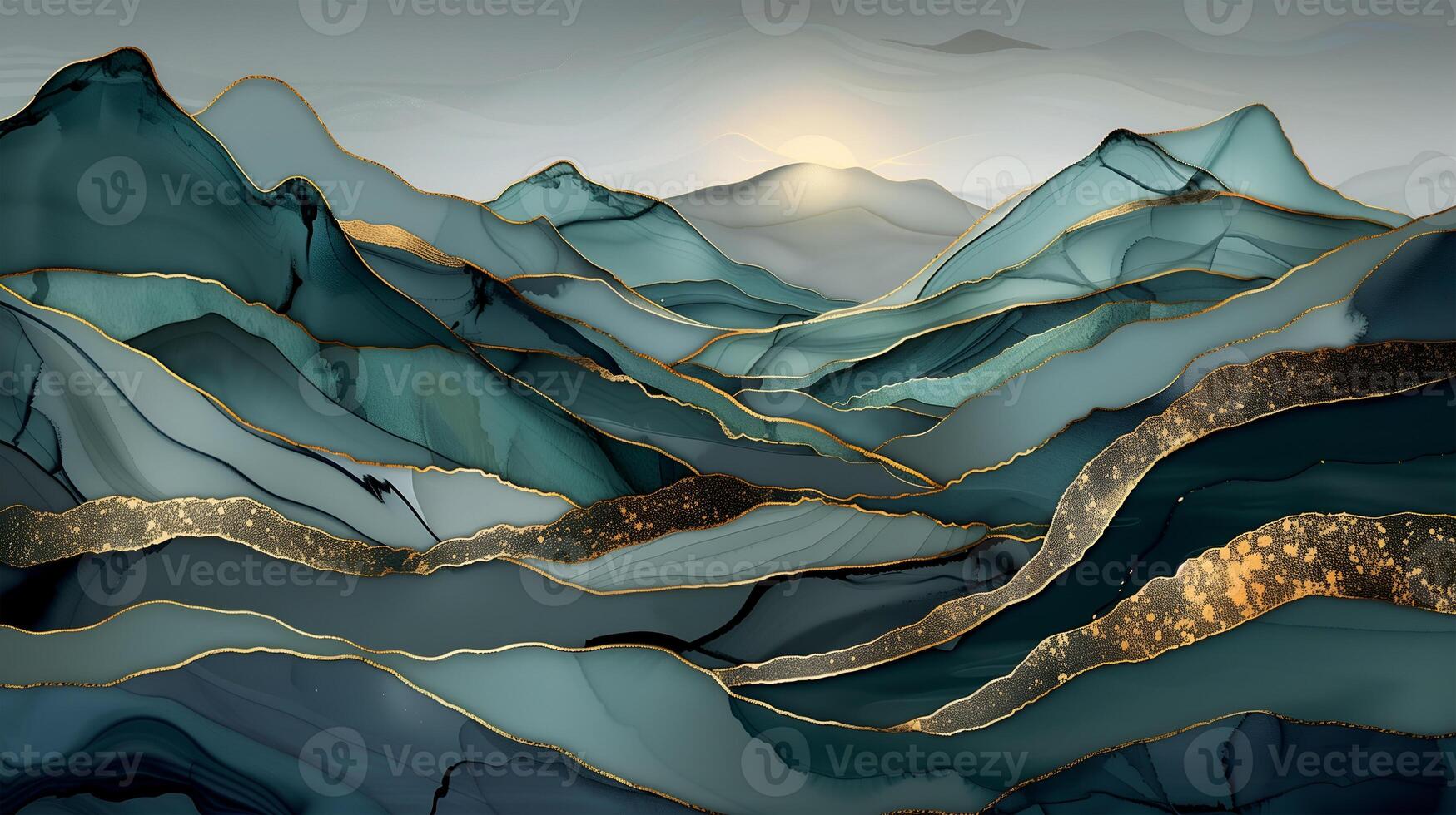 Elegant marble ink background showcasing abstract mountains and a soft sunrise glow photo