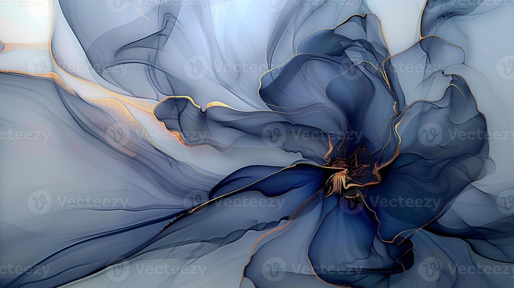 Elegant marble ink background with flowing blue patterns and golden accents on a serene canvas photo