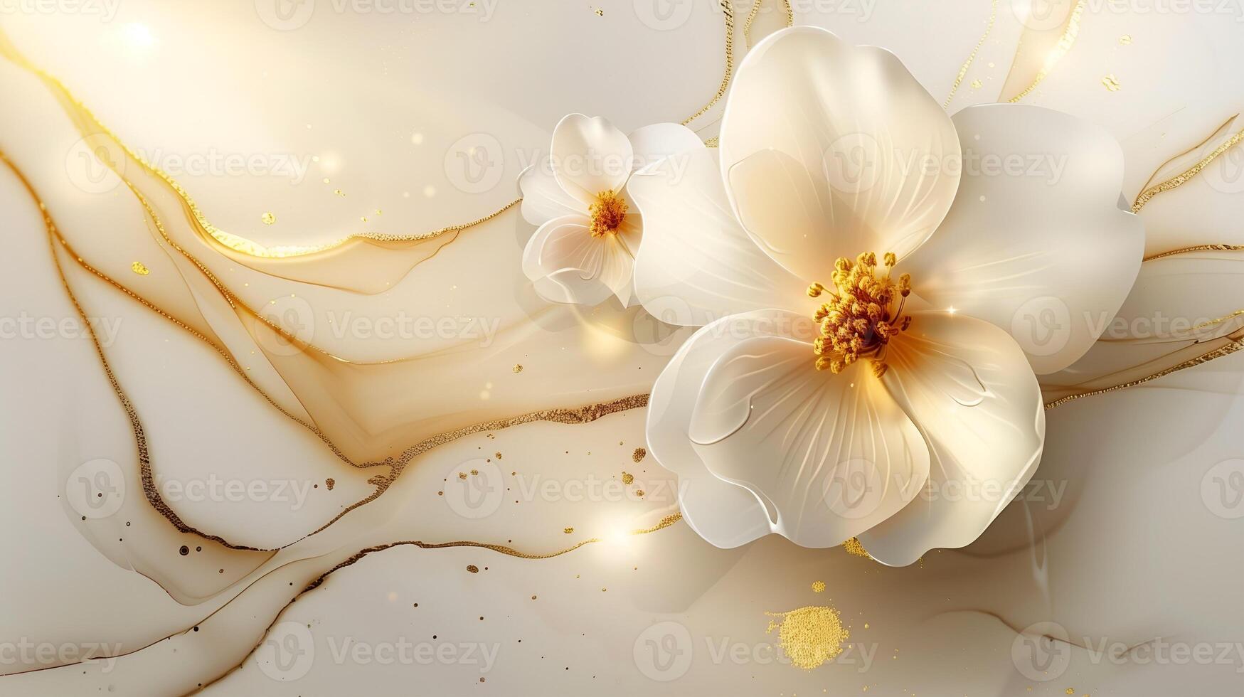 Elegant white flowers on a marble ink background with golden accents in a serene setting photo
