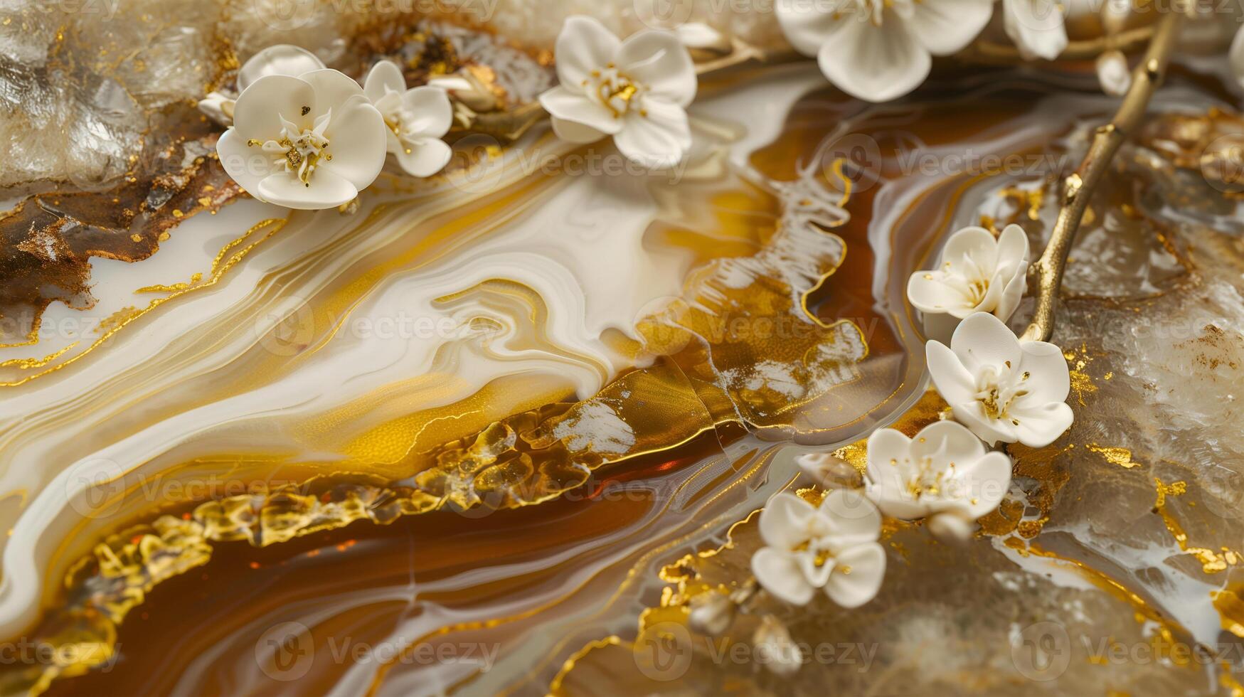 Elegant marble ink background with delicate white flowers and golden accents in soft lighting photo