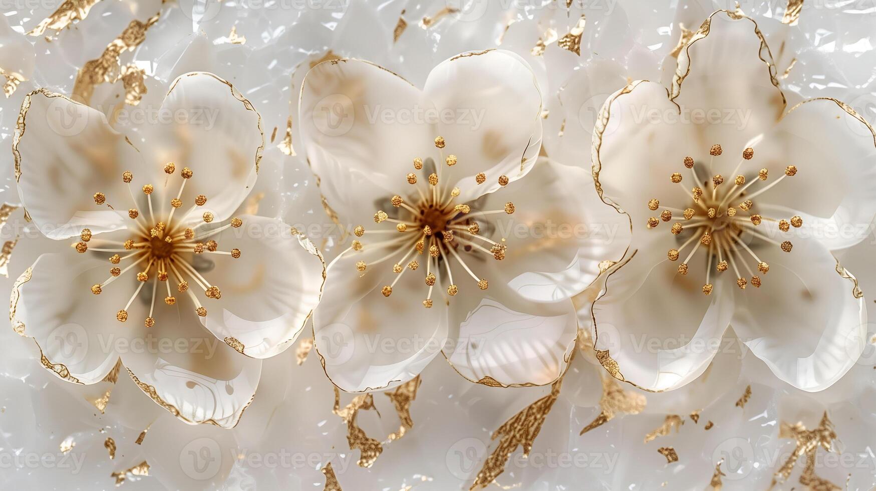 Delicate white flowers with gold accents on a marble ink background photo