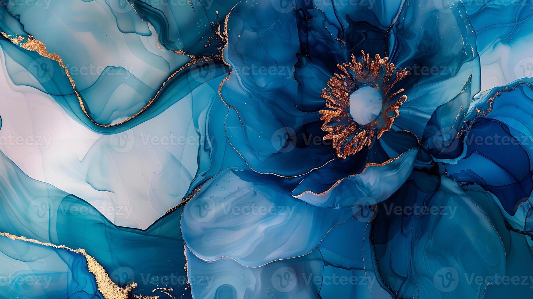 Elegant marble ink background with golden accents and vibrant blue floral design photo