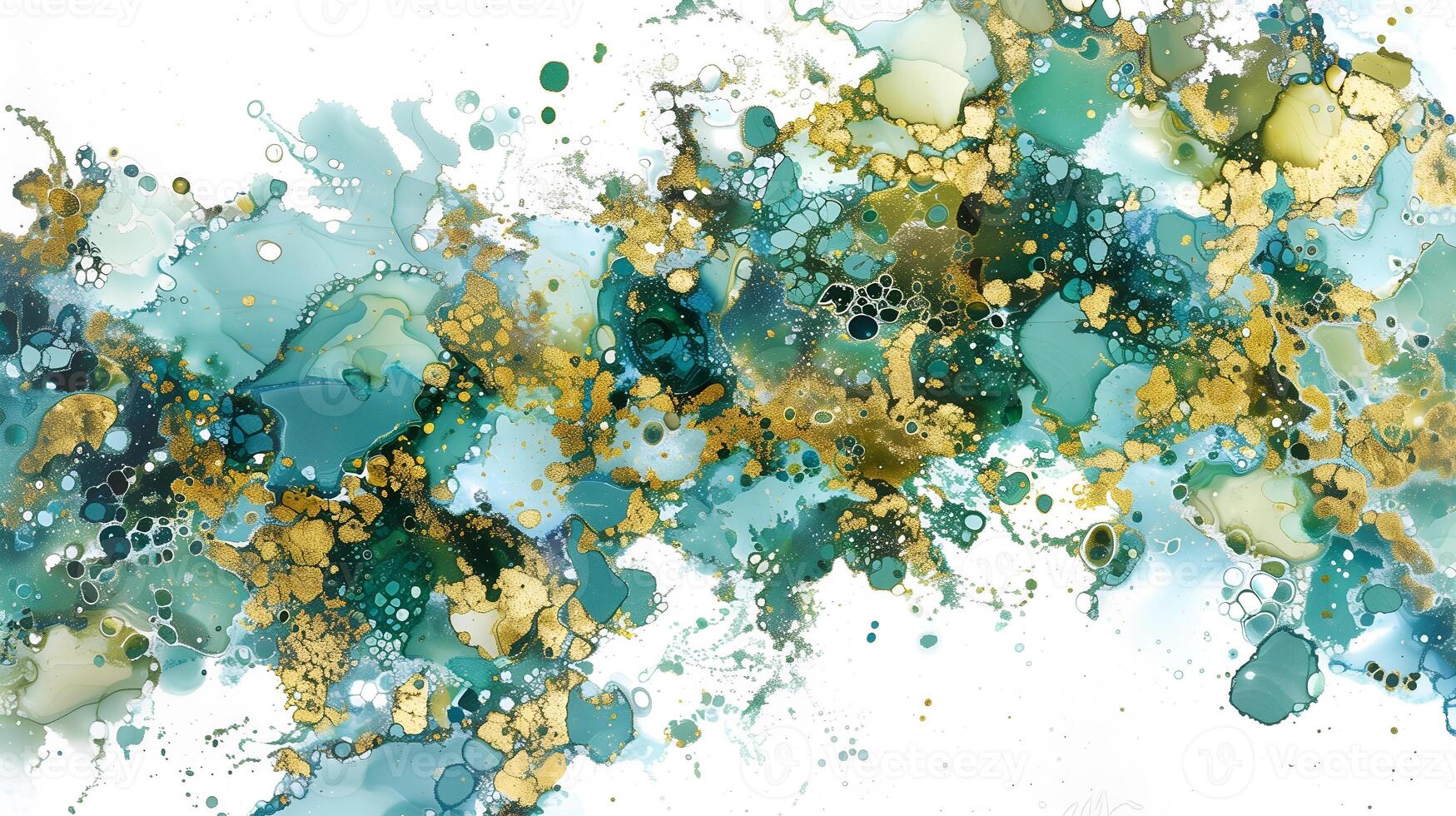 Marble ink abstract background featuring rich blues, greens, and gold tones on a light canvas photo