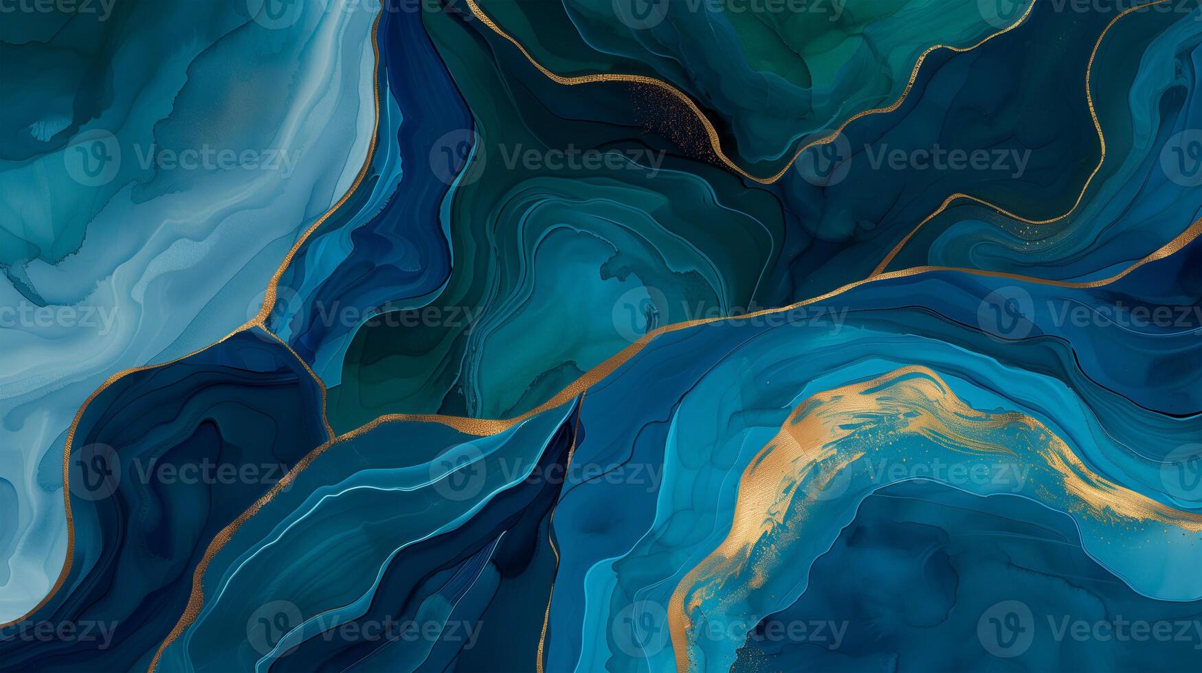 Abstract marble ink background featuring swirling blue and green tones with gold accents photo