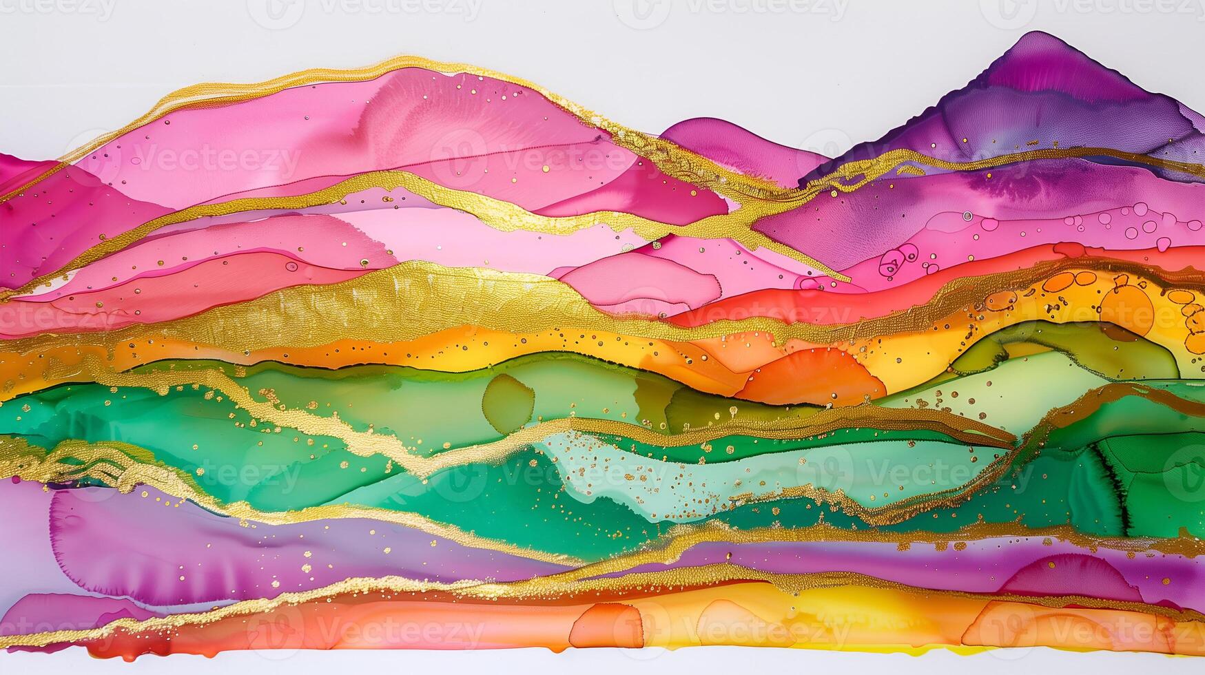 Vibrant abstract landscape with layers of color and gold accents on a marble ink background photo