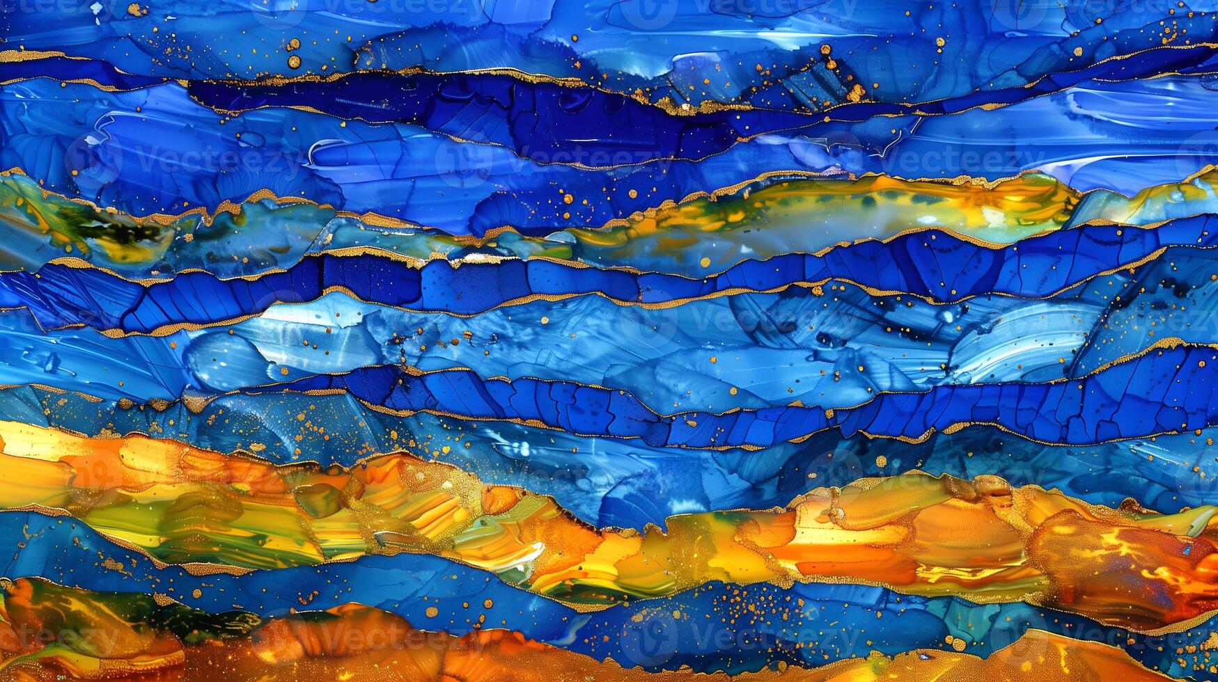 Abstract marble ink background blending vibrant shades of blue and gold with smooth flowing patterns photo