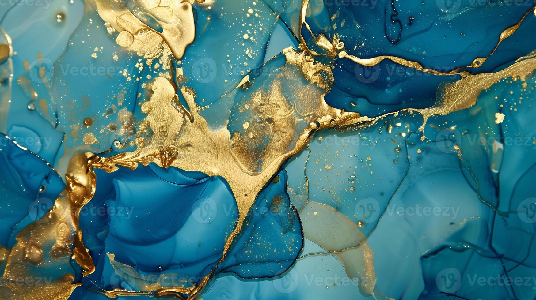 Swirling patterns of blue and gold create an elegant marble ink background for creative projects photo