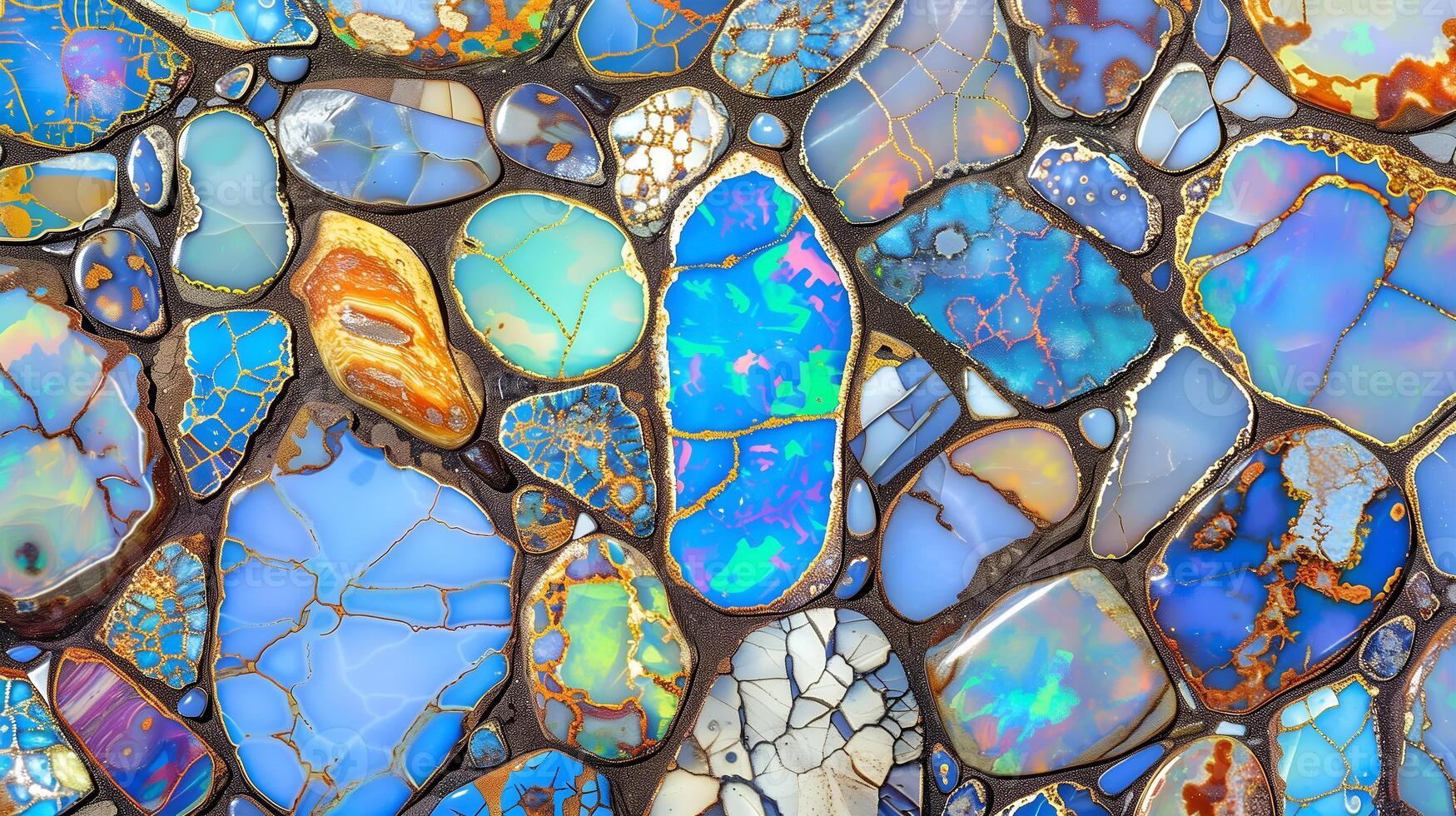 Opal texture background featuring vibrant blue and iridescent stones in various shapes and sizes photo