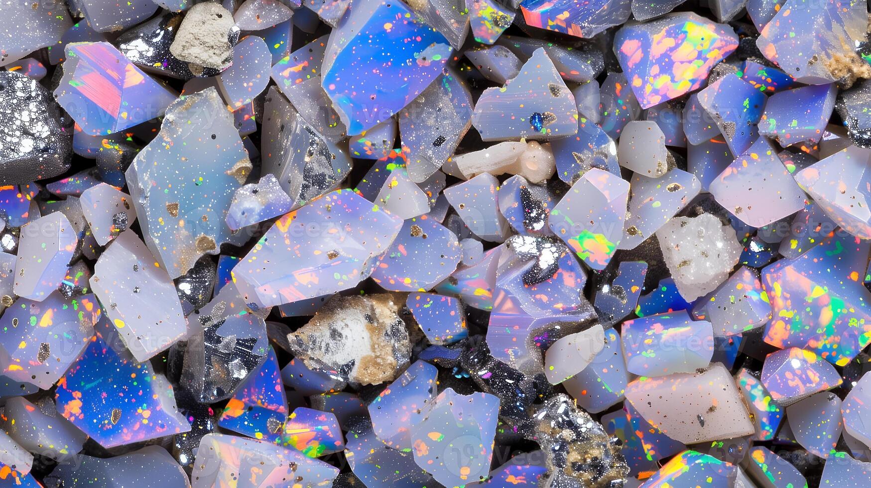 Colorful opal texture background featuring a variety of mineral fragments and shimmering patterns photo