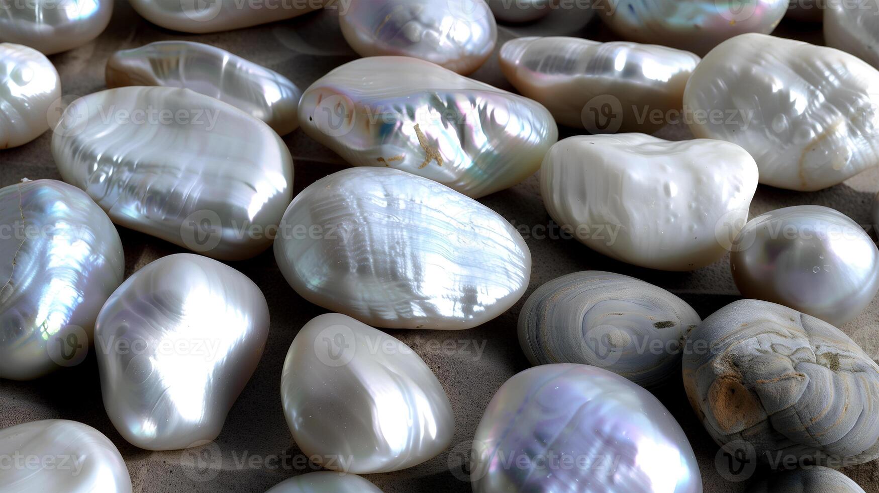 A collection of lustrous pearls scattered on a textured surface showcasing their natural beauty photo