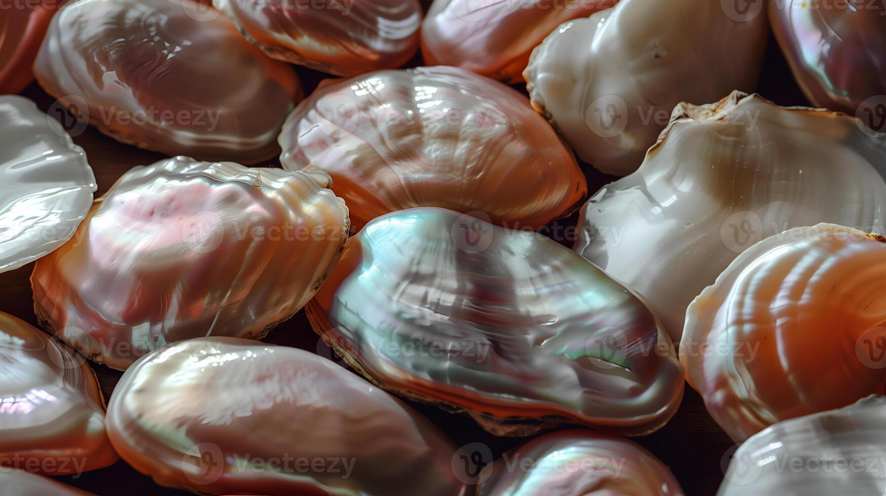 Beautiful collection of iridescent pearl shells arranged on a soft background for display photo