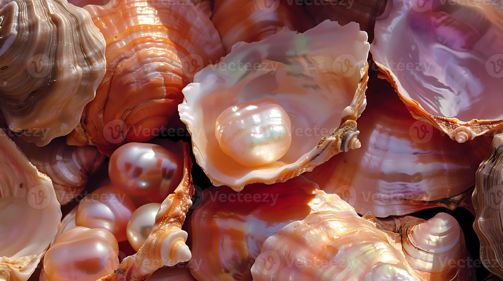Iridescent seashells and lustrous pearls on a pearly background celebrate nature's beauty photo