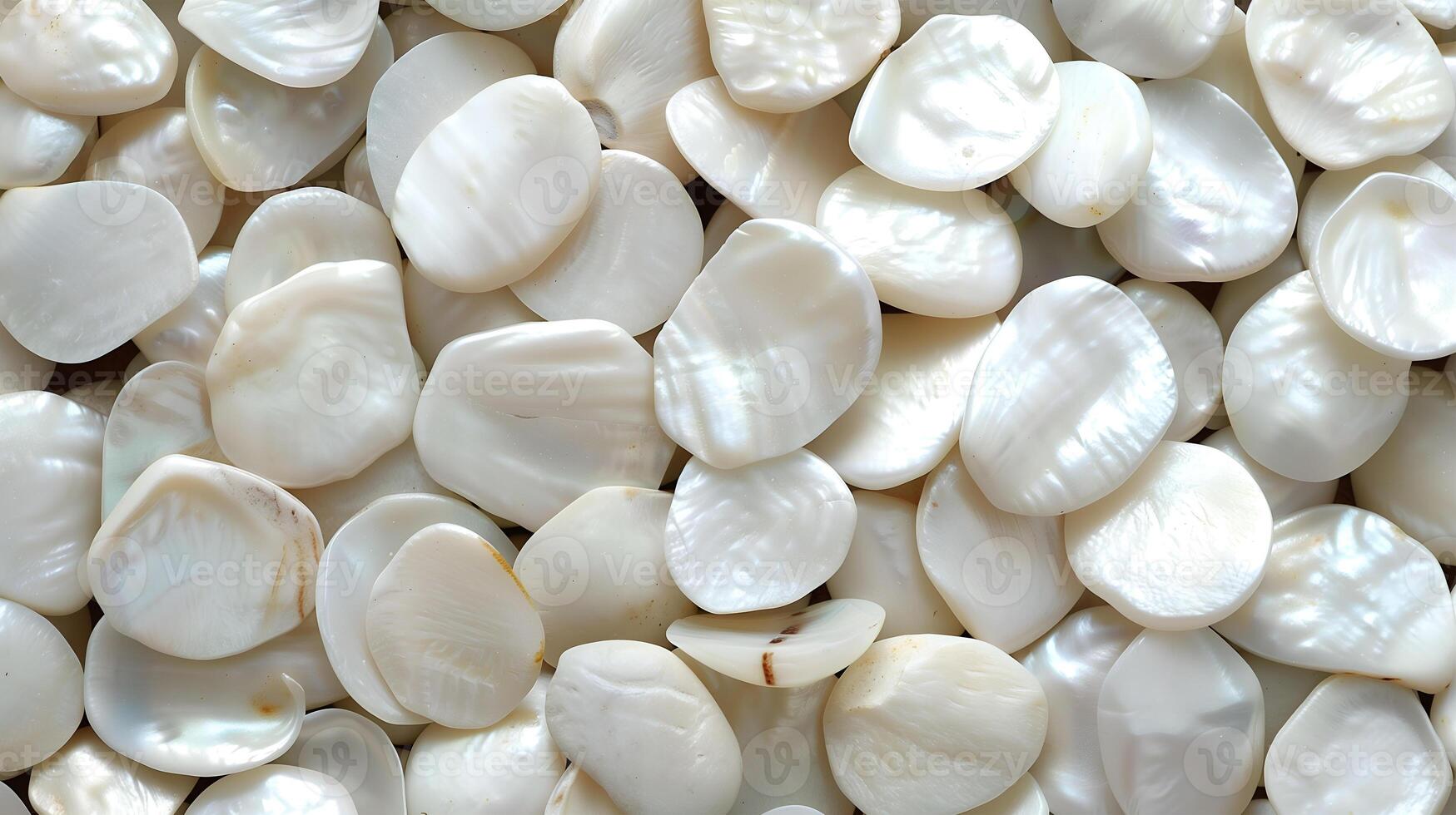 Natural pearl background showcasing smooth, shiny shells scattered across a surface photo