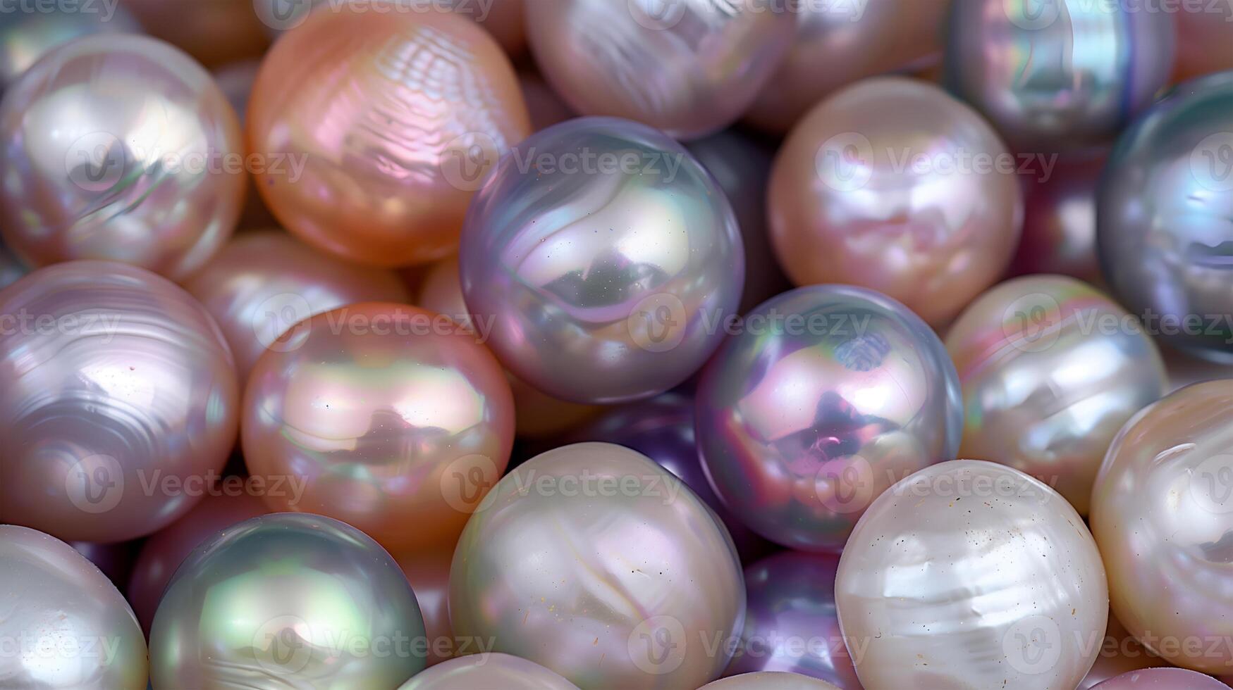 Colorful assortment of lustrous pearls scattered against a soft pearlescent background photo