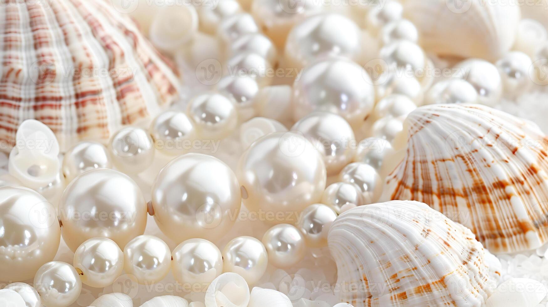 Elegant arrangement of pearls and seashells on a soft pearl background in natural light photo