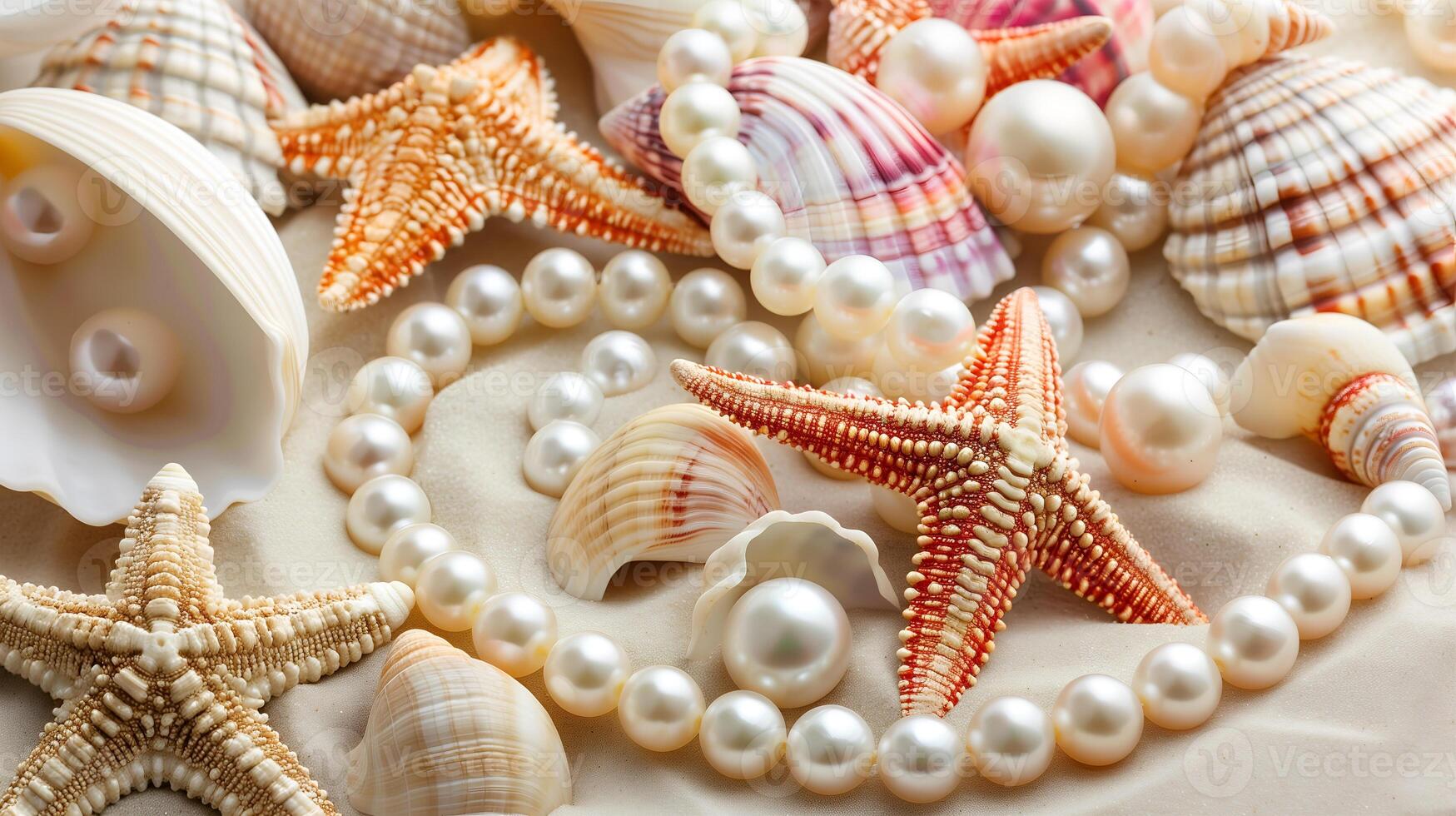 Seashells and pearls beautifully arranged on a soft pearl background in an elegant coastal setting photo