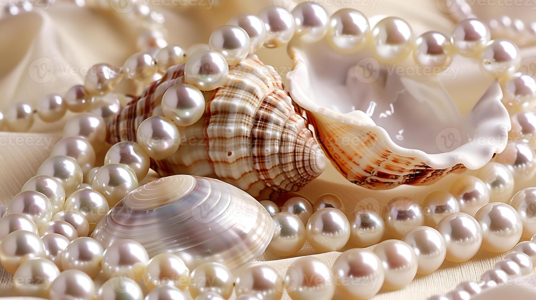 Elegant arrangement of pearls and seashells on a soft fabric background showcasing natural beauty photo