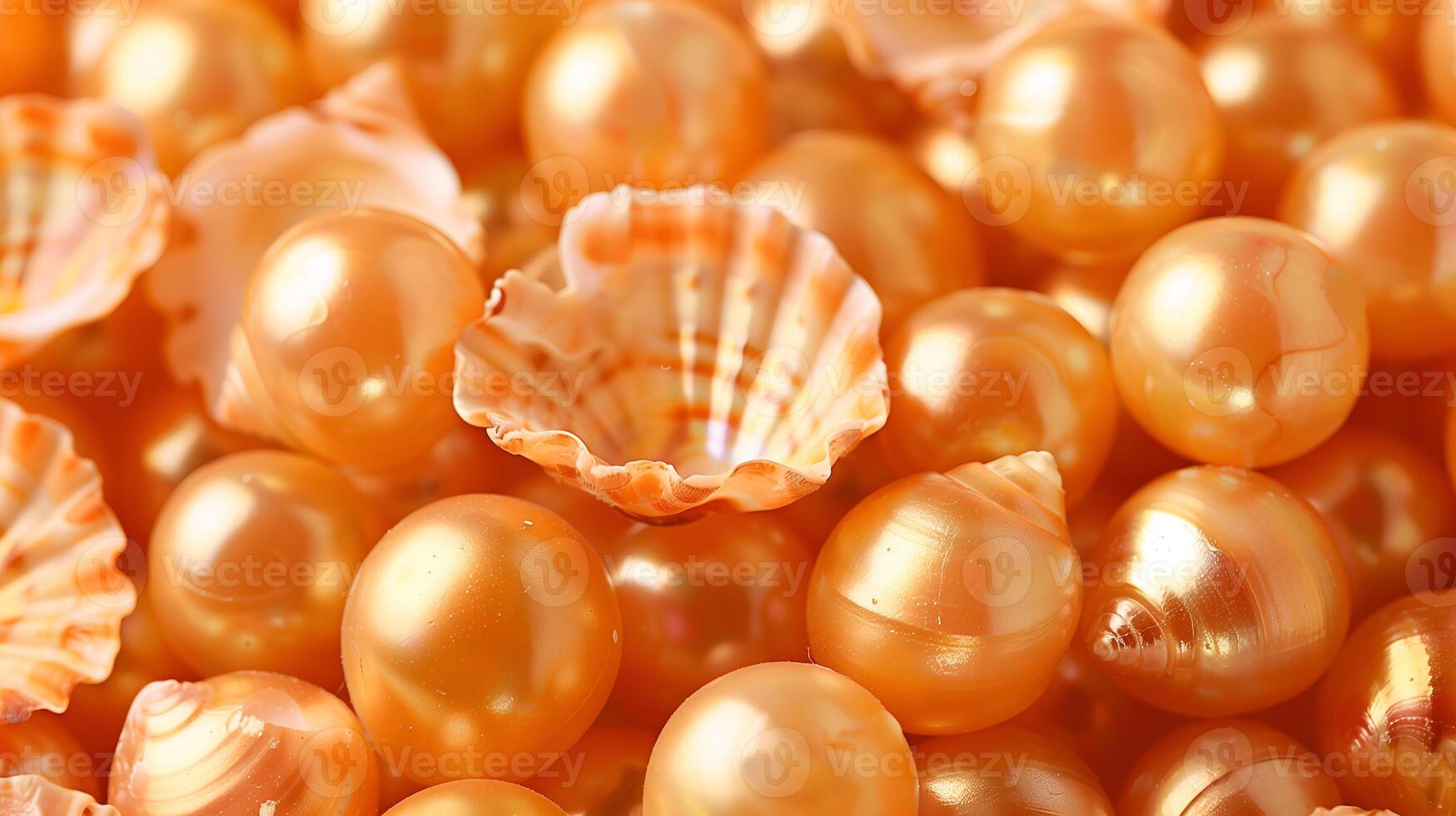 Beautiful collection of shiny orange pearls among delicate seashells on a soft pearl background photo