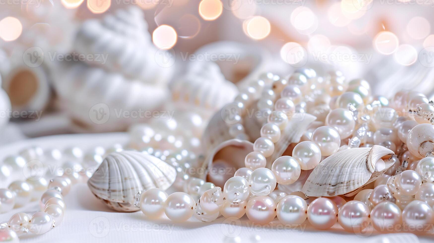 Elegant pearls and seashells on a soft background, showcasing natural beauty and texture photo