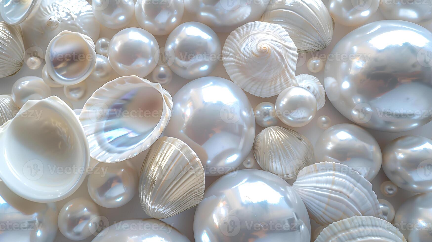 A detailed view of a collection of pearl-like shells arranged beautifully with a soft background photo