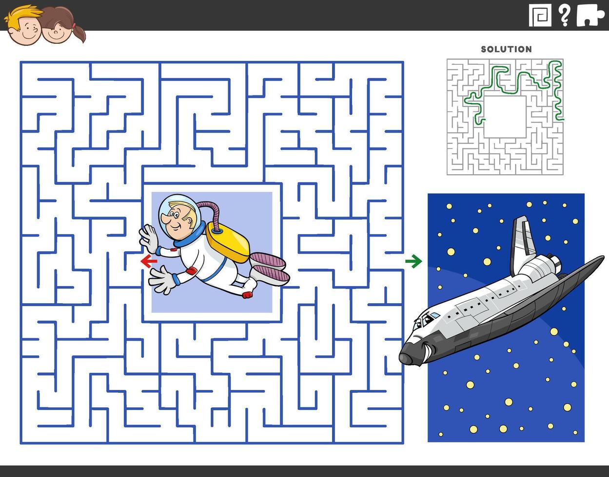 maze activity with cartoon astronaut and space shuttle vector
