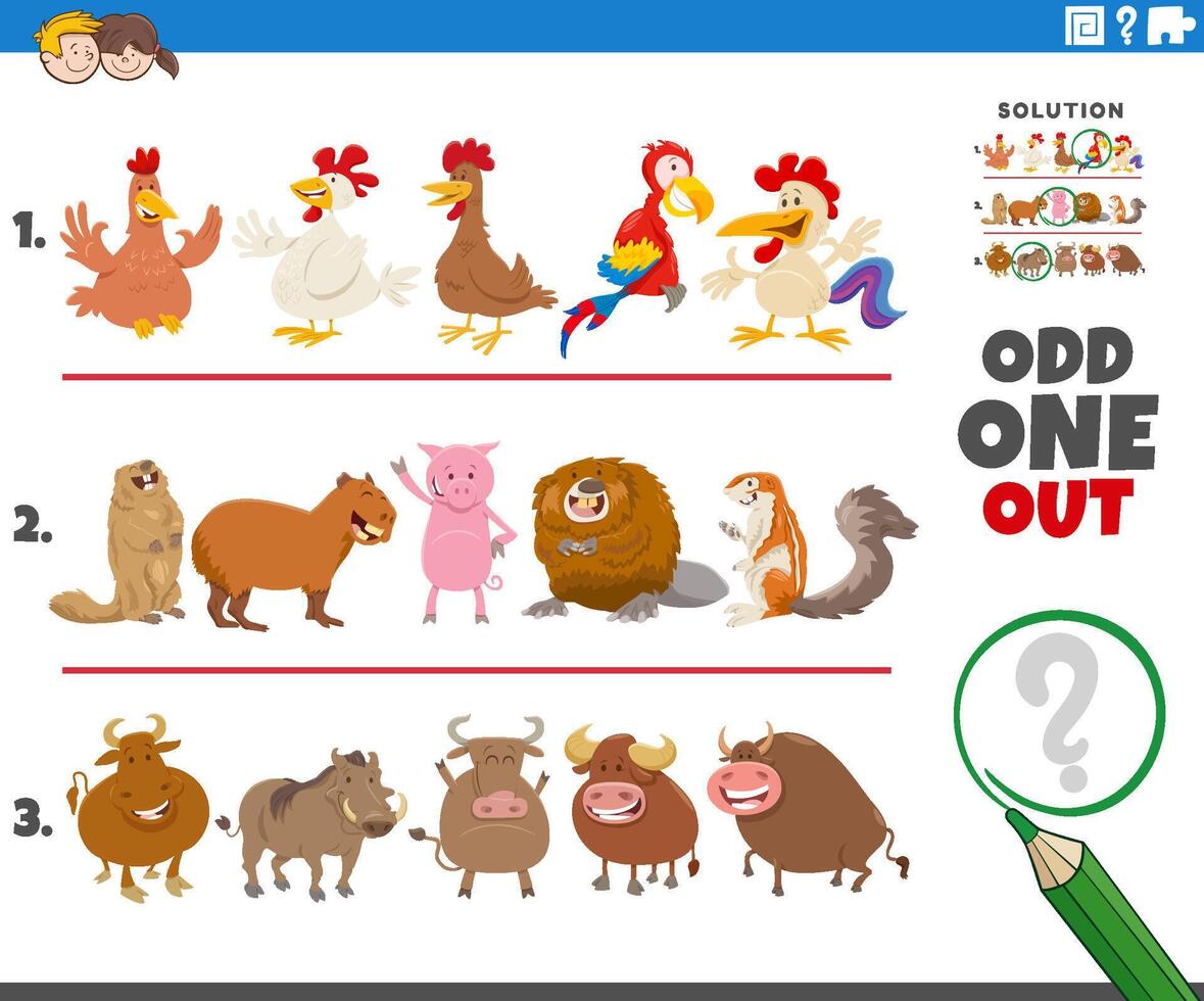 odd one out game with cartoon animal characters vector