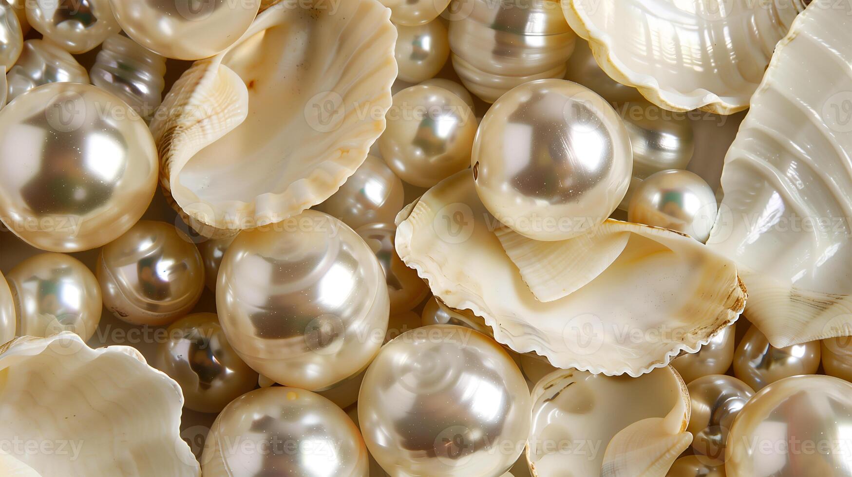 Natural pearls and oyster shells with shimmering luster on a soft pearl background photo