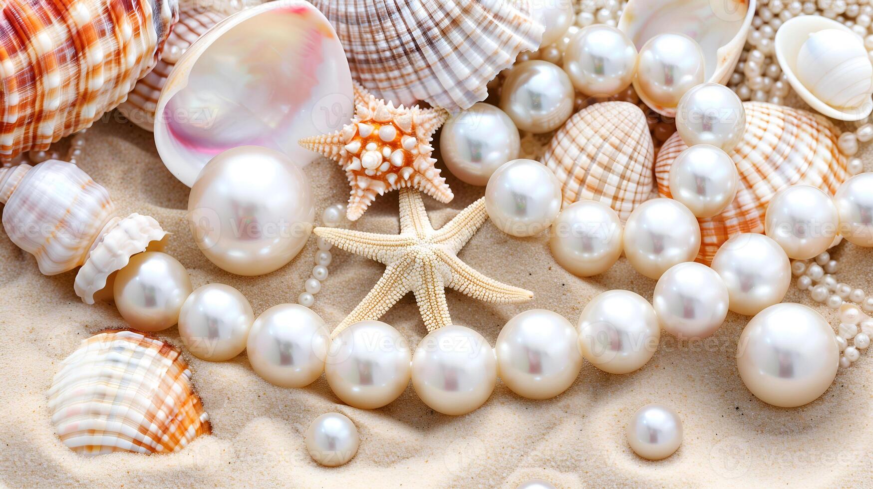 Beautiful arrangement of pearls and seashells on sandy beach surface showcasing nature's elegance photo