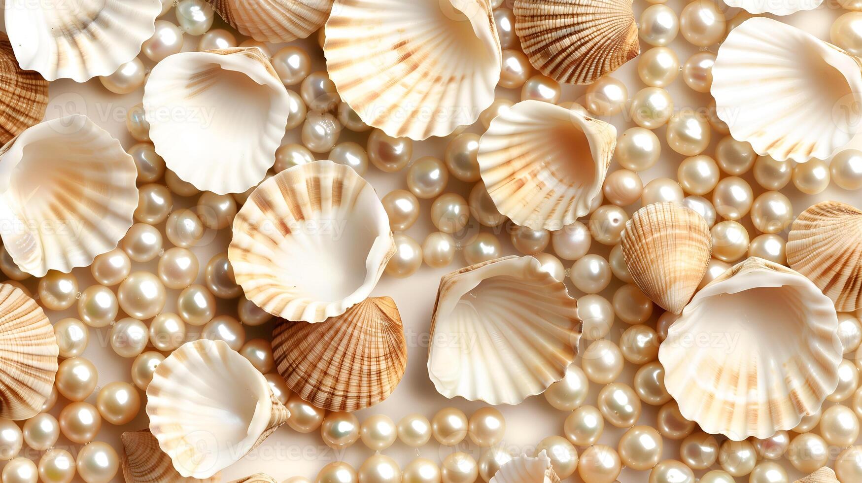Elegant arrangement of seashells and pearls on a soft pearl background for decorative purposes photo
