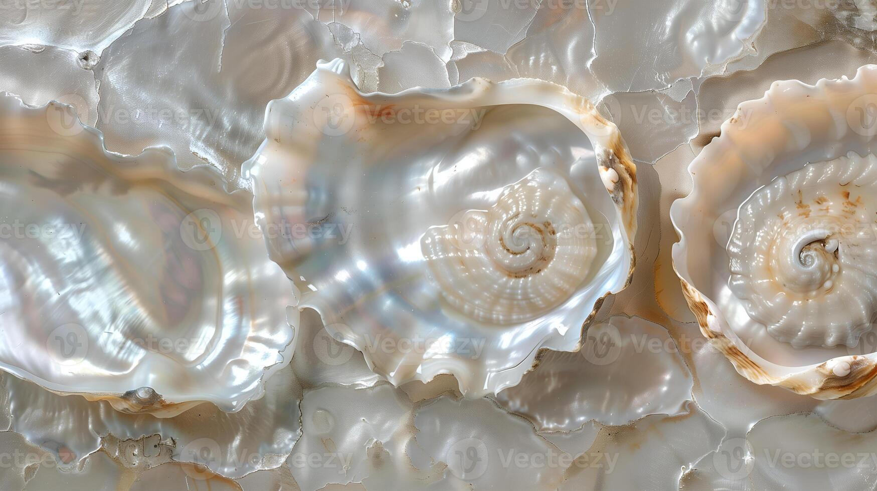 An elegant display of natural seashells on a textured pearl background photo