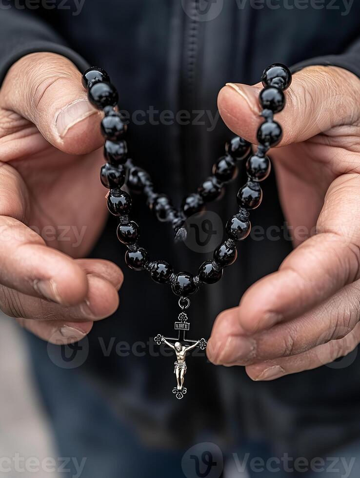 A person prays with a rosary featuring crucifix and beads, expressing deep faith and devotion photo