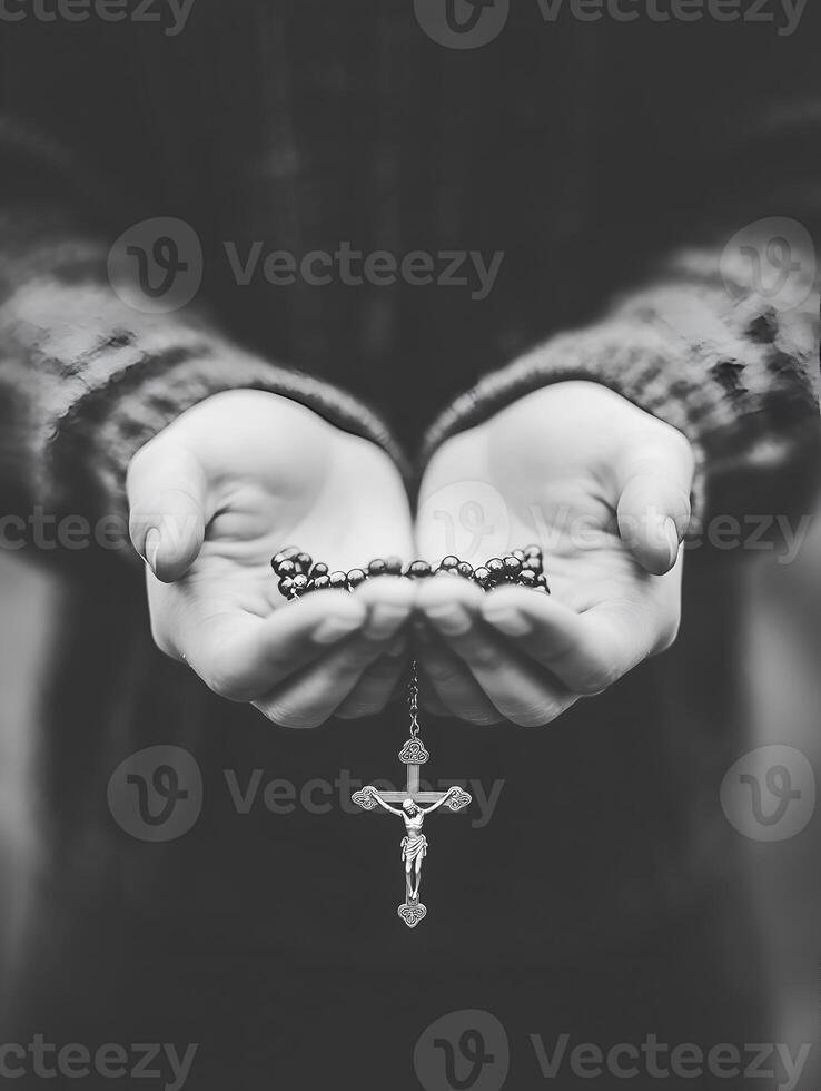 A person holds a rosary in prayer, reflecting deep faith and devotion in a serene moment photo