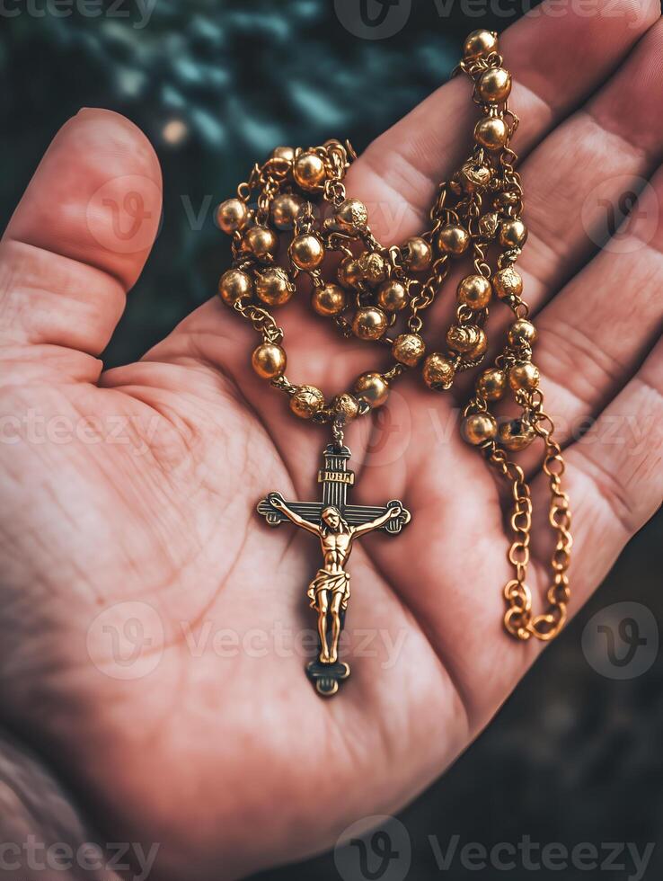 A person praying with a golden rosary in hand, focusing on faith and devotion at sunset photo