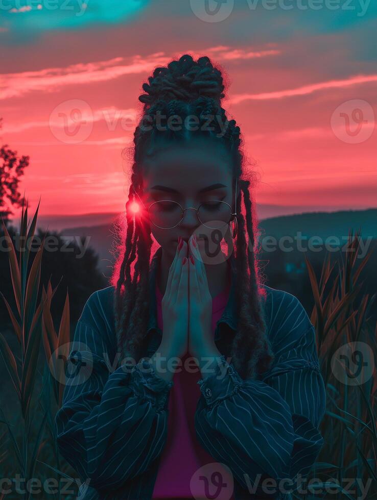 A person prays at sunset amidst tall grass in a serene landscape surrounded by nature photo