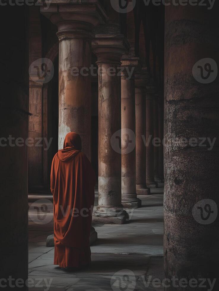 A priest in a red robe prays quietly among ancient stone columns in a peaceful setting photo