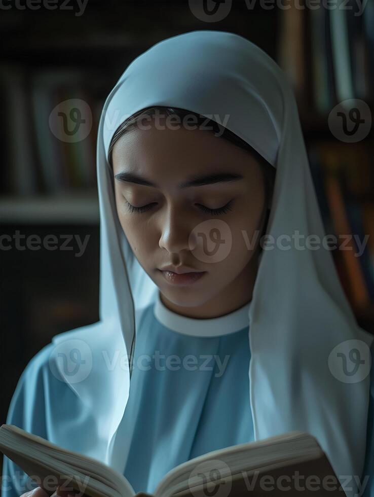 A nun deep in prayer while reading a sacred text in a quiet library during evening hours photo
